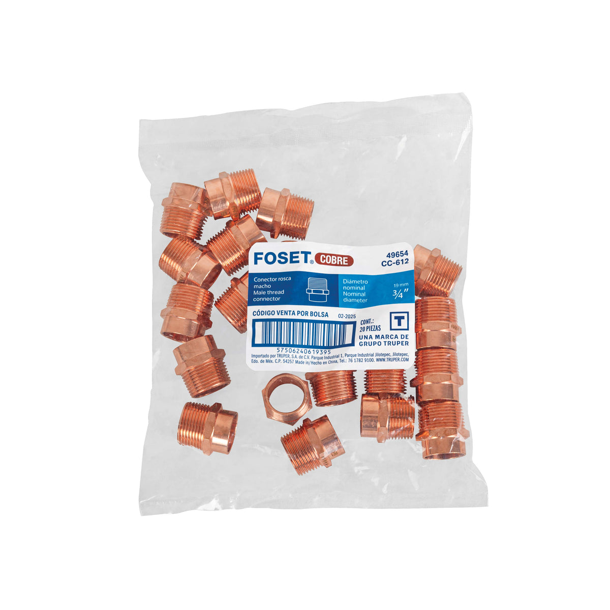 Conector de cobre, rosca exterior 3/4"
