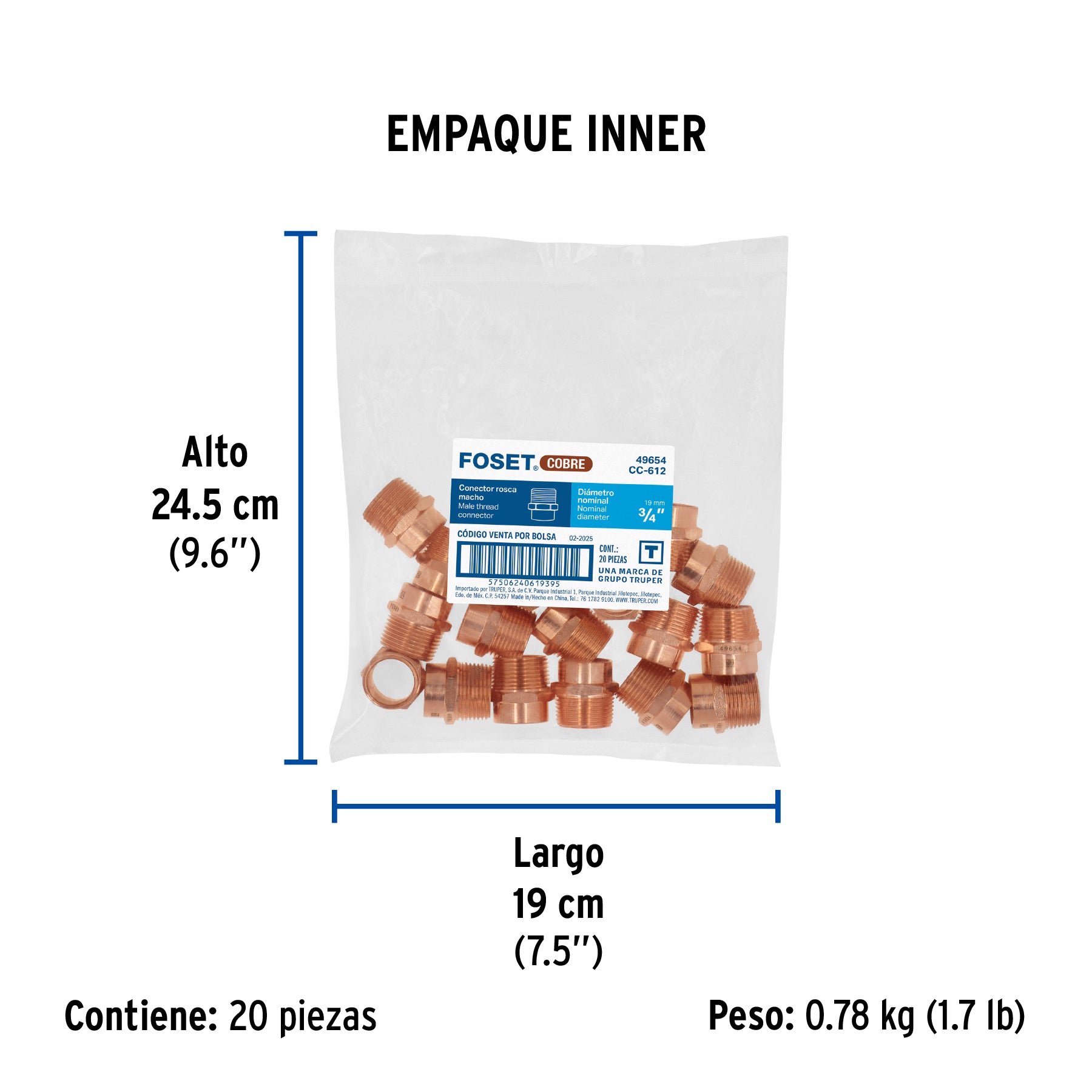 Conector de cobre, rosca exterior 3/4"