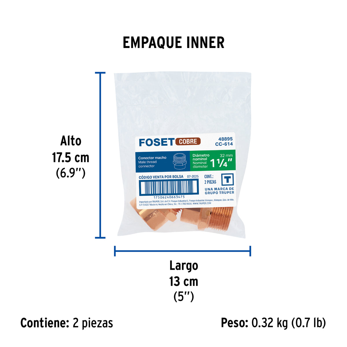 Conector de cobre, rosca exterior 1-1/4"