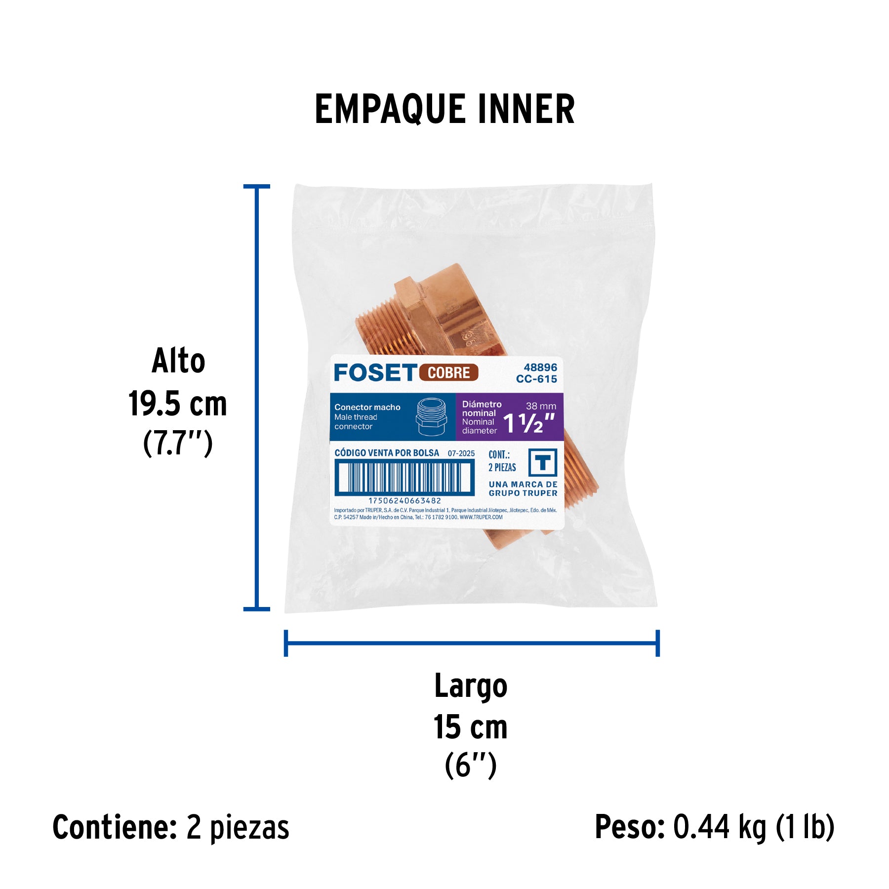Conector de cobre, rosca exterior 1-1/2"