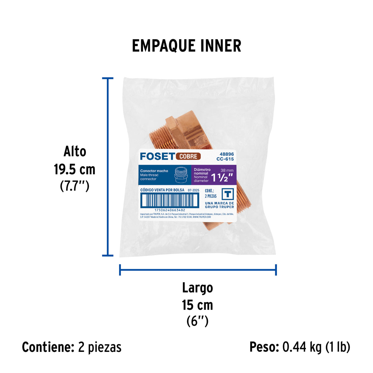 Conector de cobre, rosca exterior 1-1/2"
