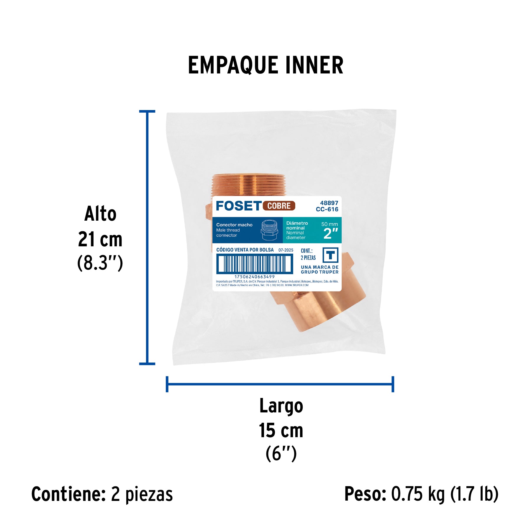 Conector de cobre, rosca exterior 2"