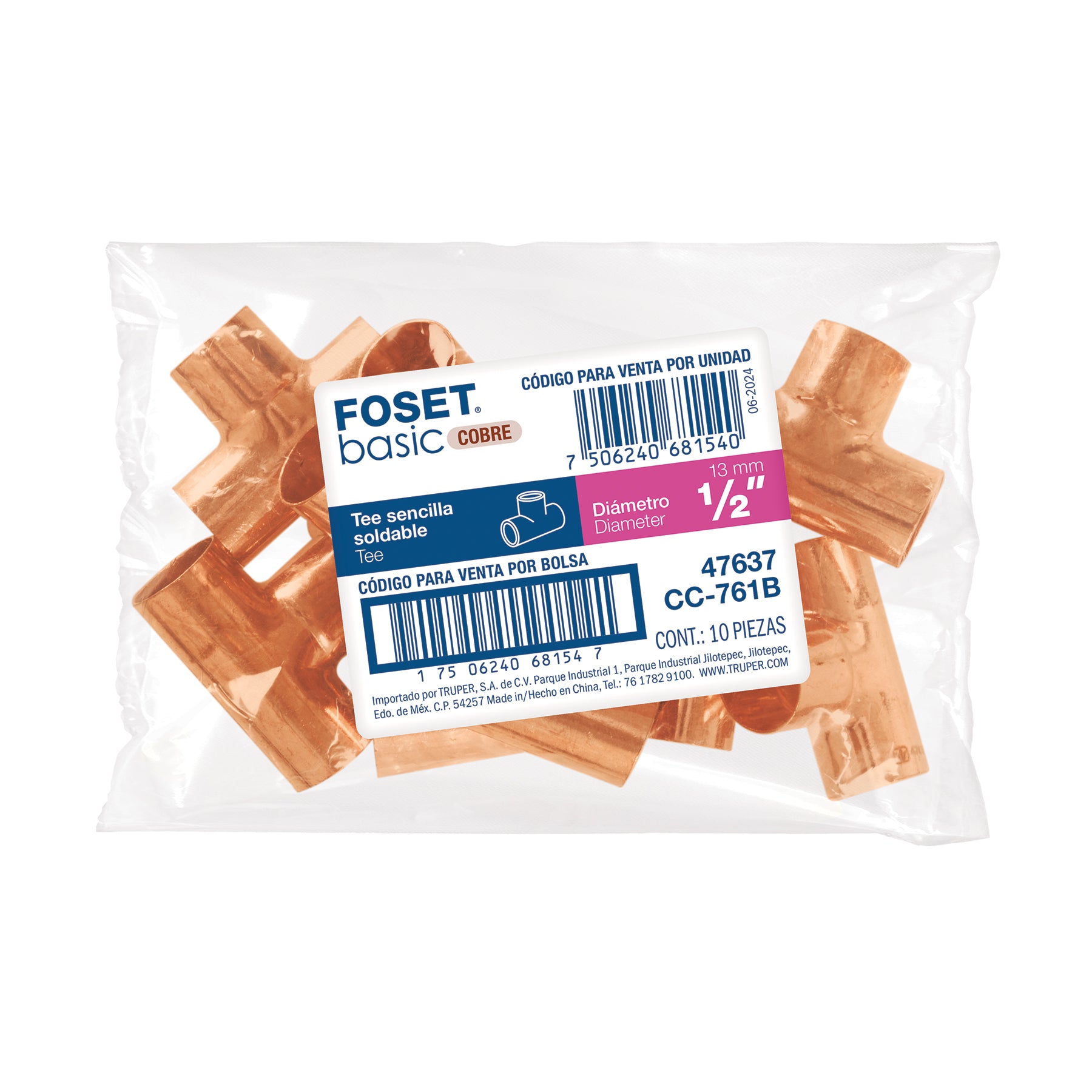 Tee de cobre sencilla, 1/2', Basic