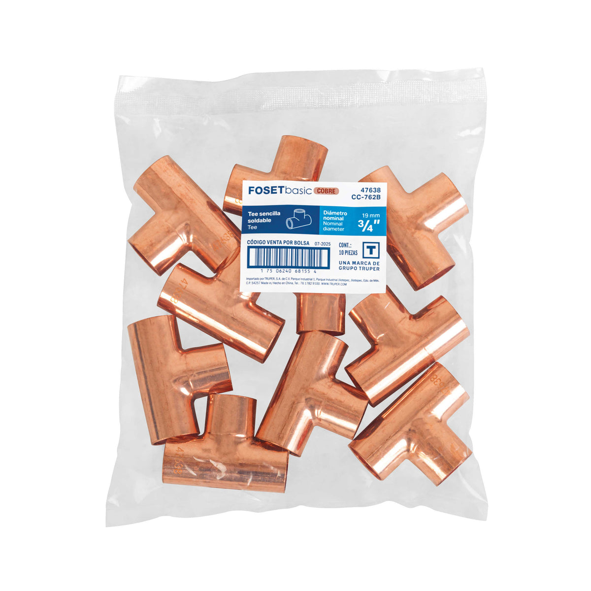Tee de cobre sencilla, 3/4', Basic