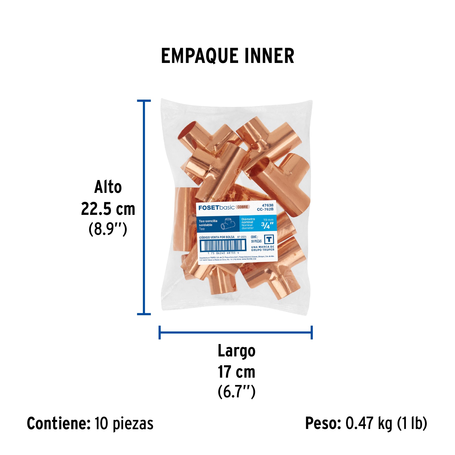 Tee de cobre sencilla, 3/4', Basic