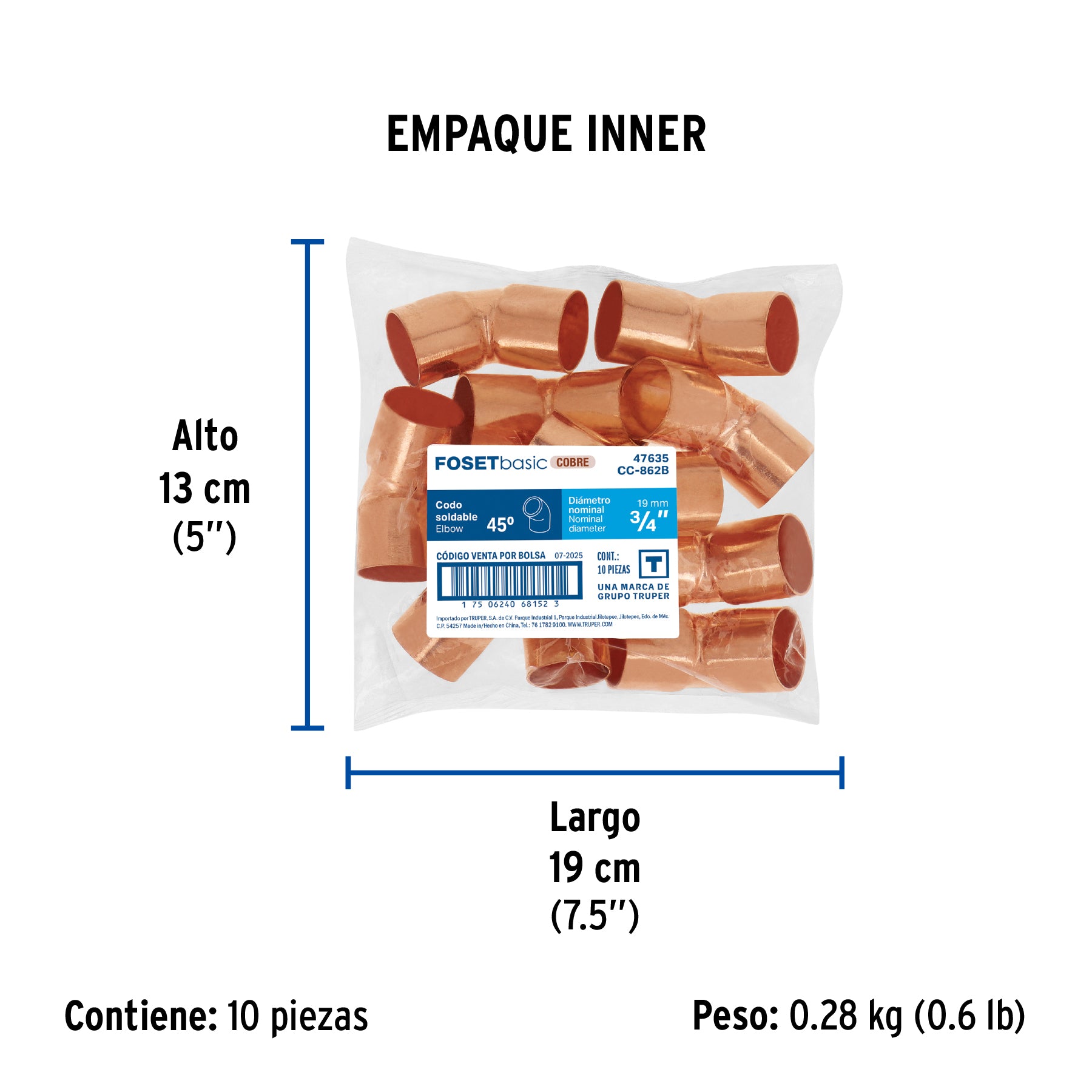 Codo de cobre 45°, 3/4', Basic