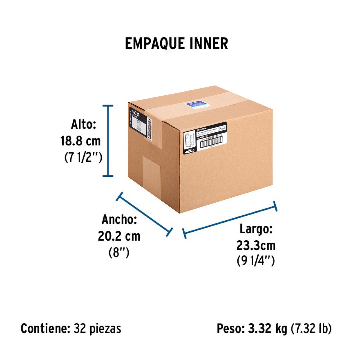 Caja tipo chalupa, 2x4" rectangular, reforzada, Volteck