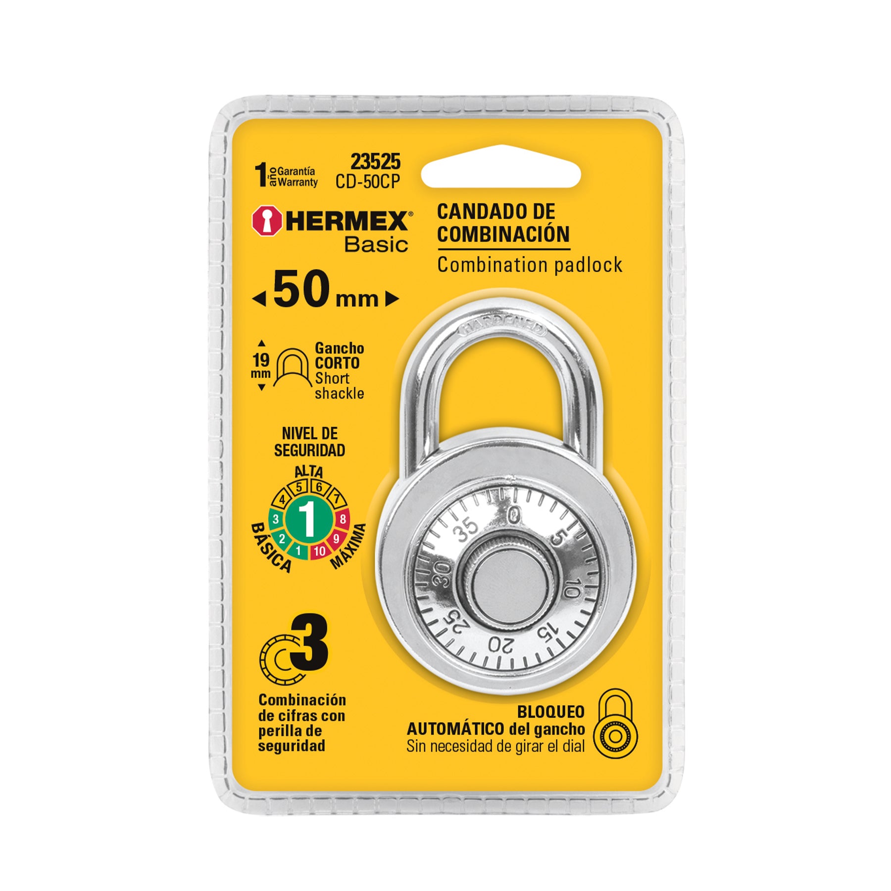 Candado de acero de combinación, 50mm, Hermex Basic