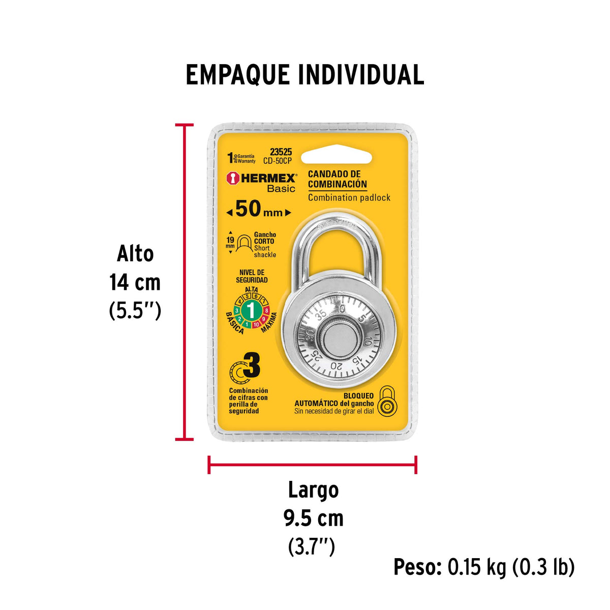 Candado de acero de combinación, 50mm, Hermex Basic