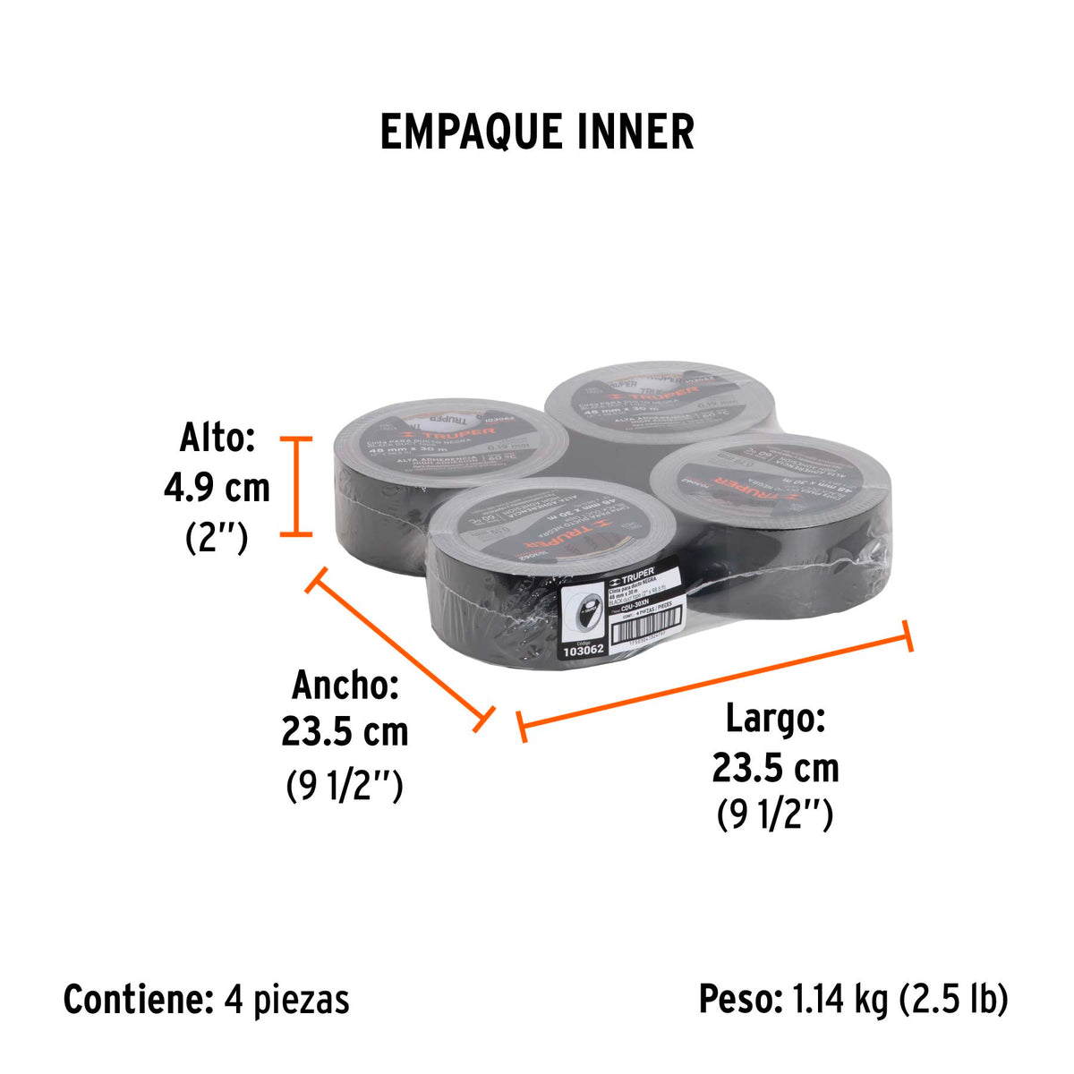 Cinta negra para ducto 30m x 48mm, espesor 0.19mm, Truper