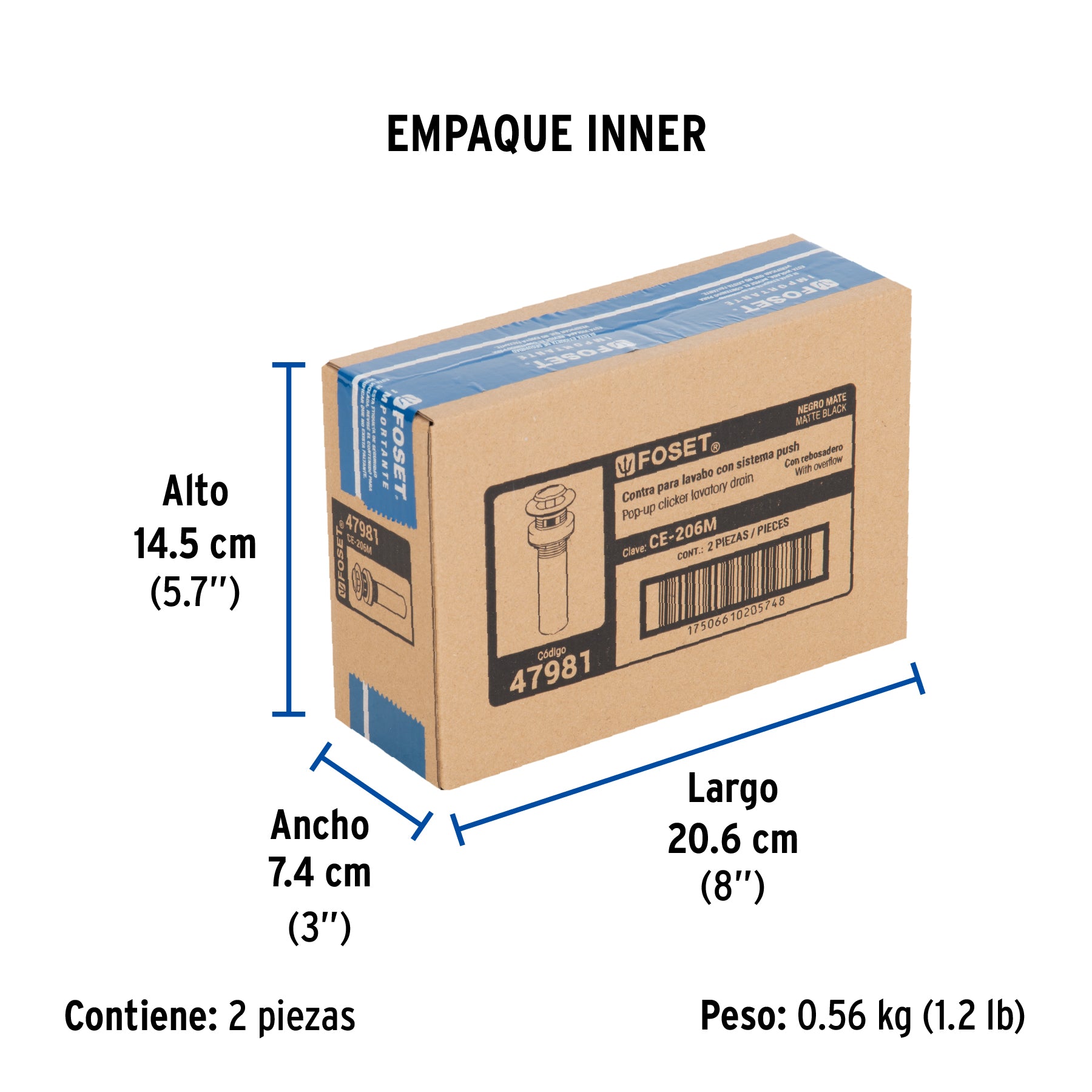 Contra p/lavabo, 1-1/4', con rebosadero, push, latón, negro