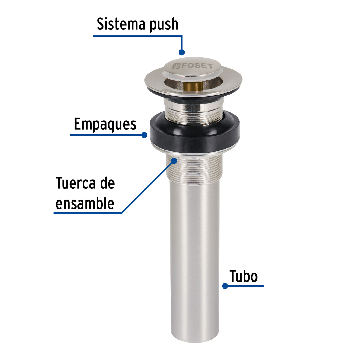 Contra p/lavabo sin rebosadero, sistema push, satín, 1-1/4"