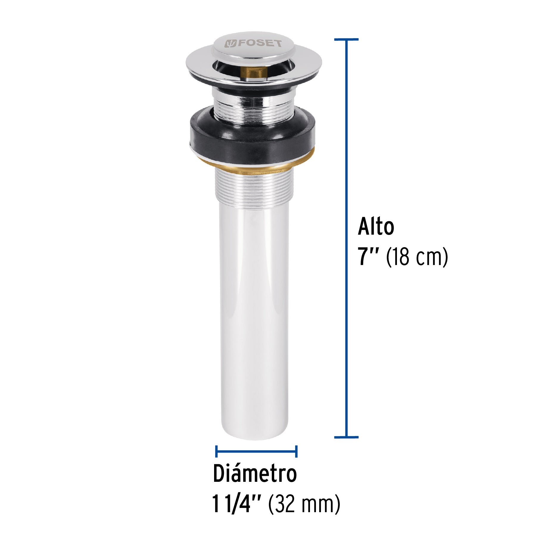 Contra p/lavabo sin rebosadero, sistema push, cromo, 1-1/4"