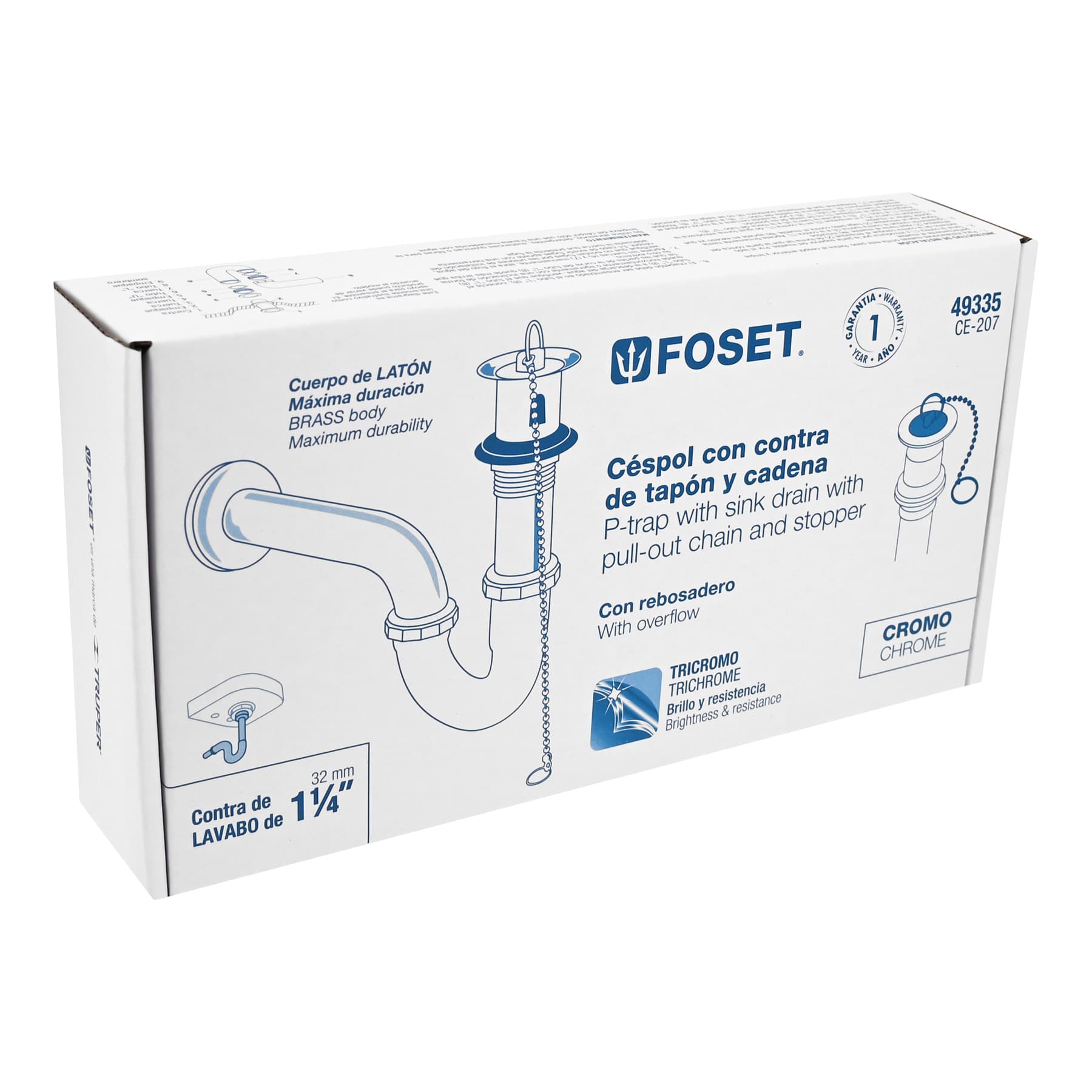 Céspol p/lavabo latón c/contra, tapón y cadena, cromo,1-1/4"