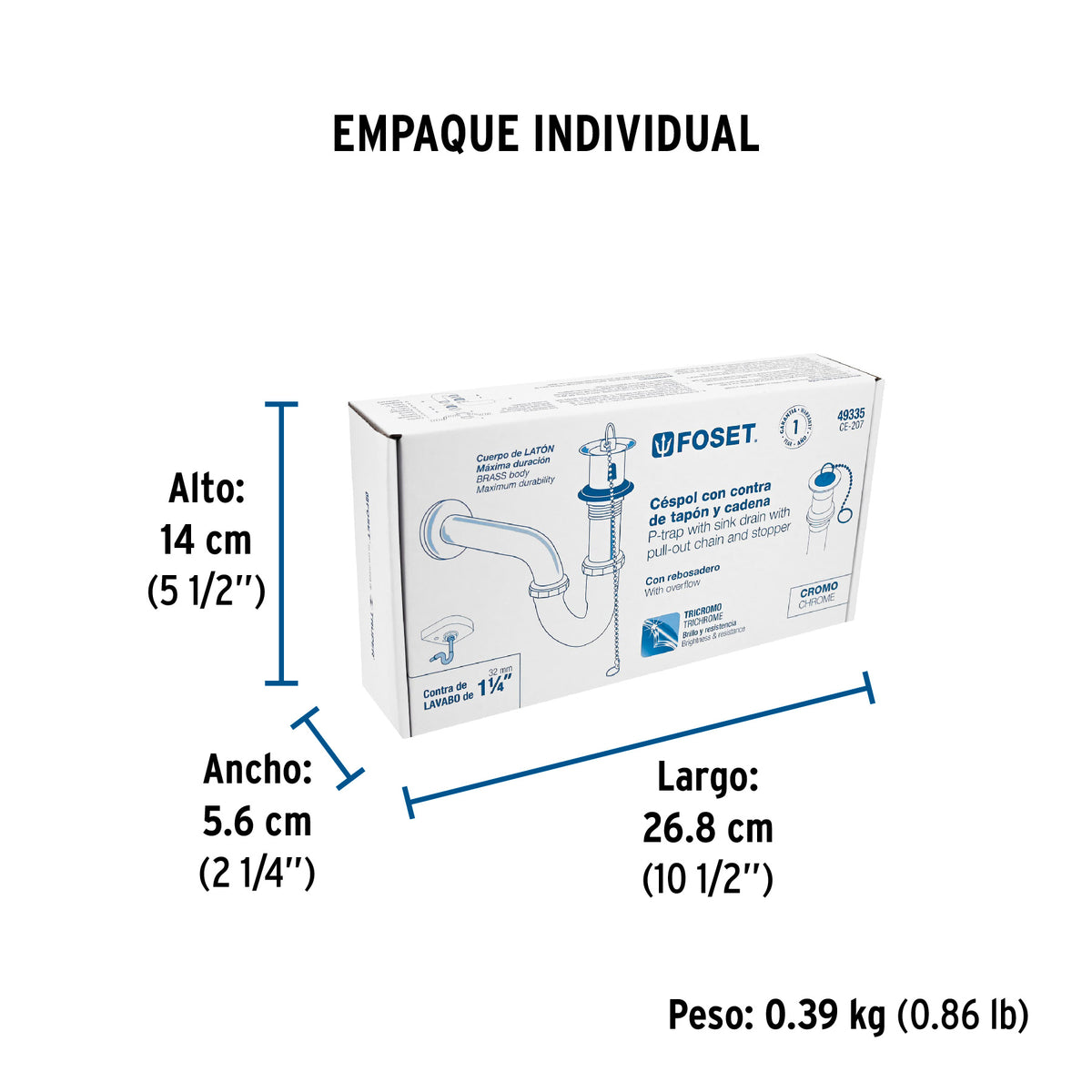 Céspol p/lavabo latón c/contra, tapón y cadena, cromo,1-1/4"