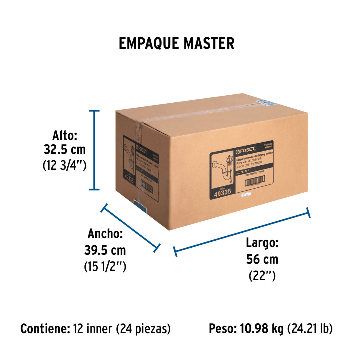 Céspol p/lavabo latón c/contra, tapón y cadena, cromo,1-1/4"