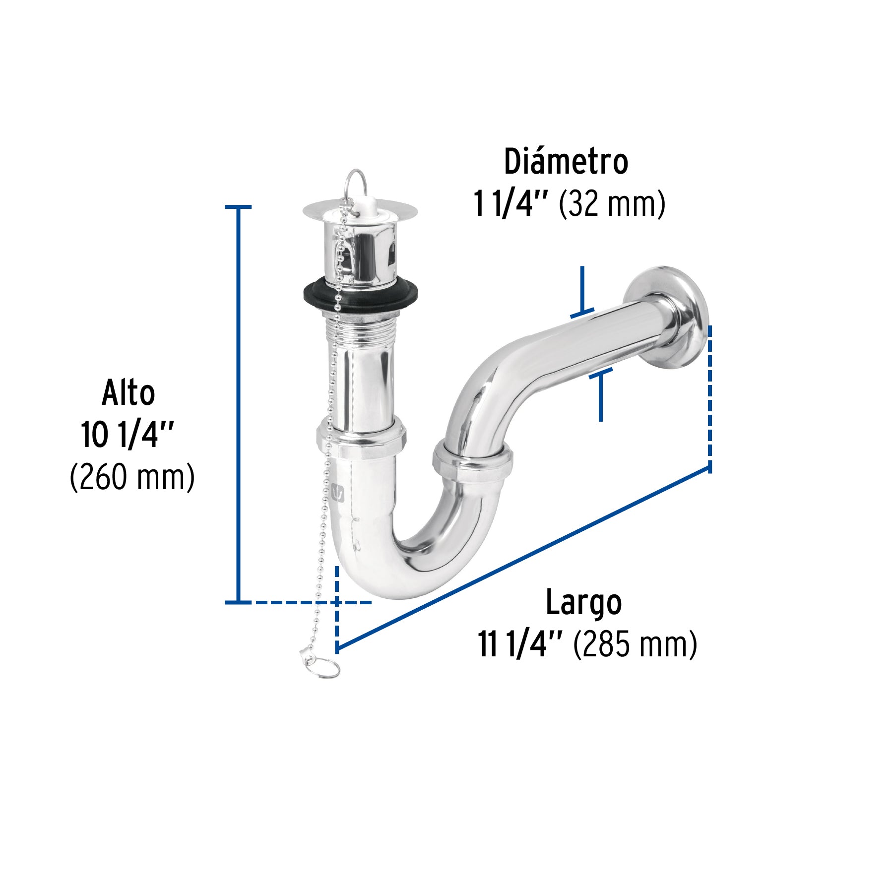 Céspol p/lavabo latón c/contra, tapón y cadena, cromo,1-1/4"