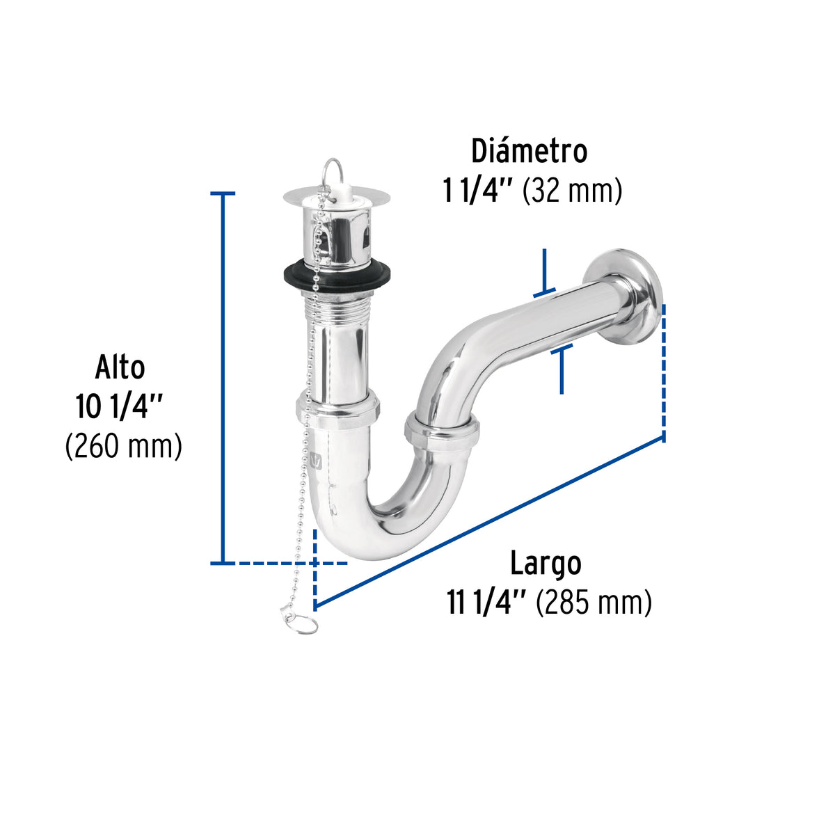 Céspol p/lavabo latón c/contra, tapón y cadena, cromo,1-1/4"