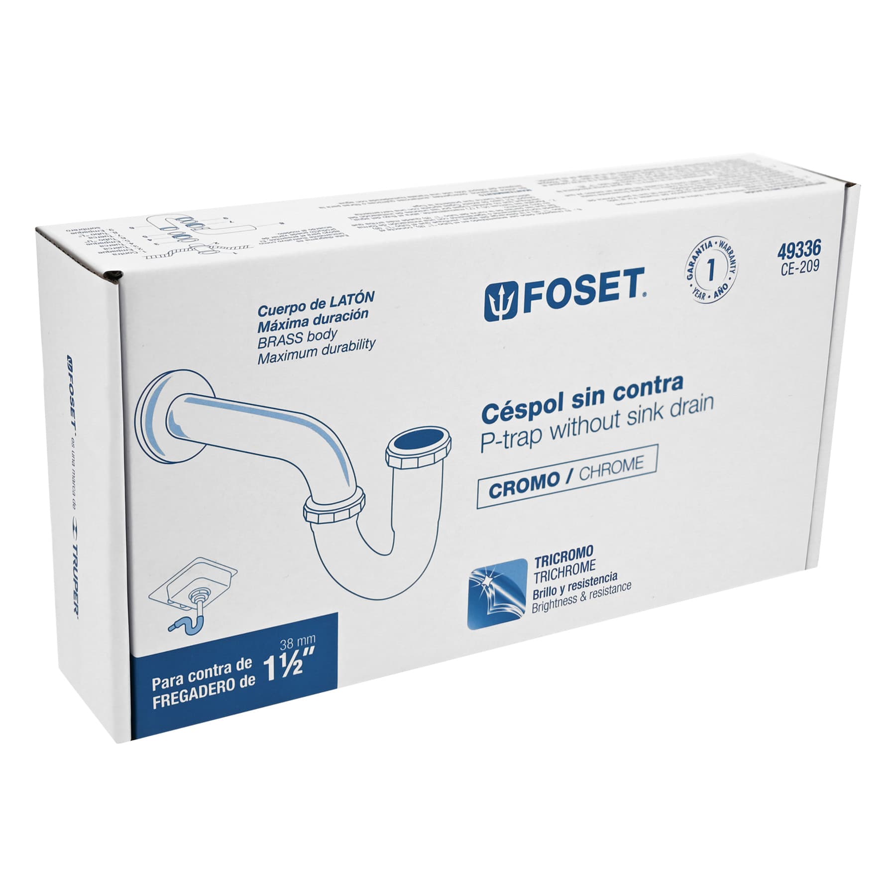 Céspol p/fregadero de latón sin contracanasta, cromo, 1-1/2"
