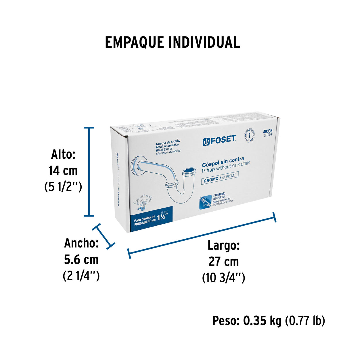 Céspol p/fregadero de latón sin contracanasta, cromo, 1-1/2"