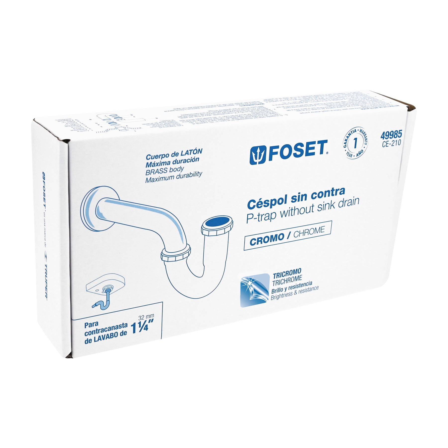 Céspol p/lavabo de latón sin contra, cromo, 1-1/4"