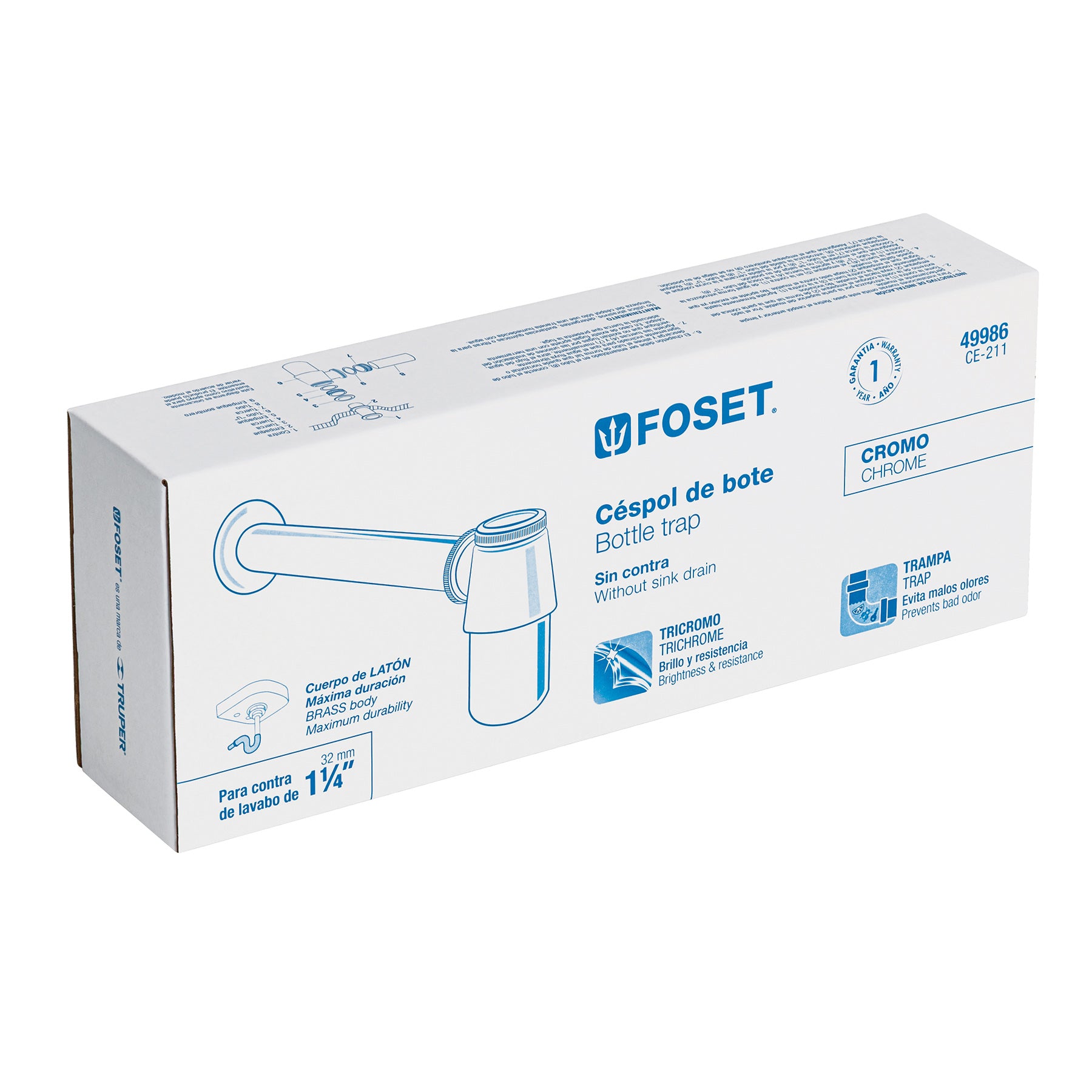 Céspol de bote para lavabo sin contra, cromo, 1-1/4"