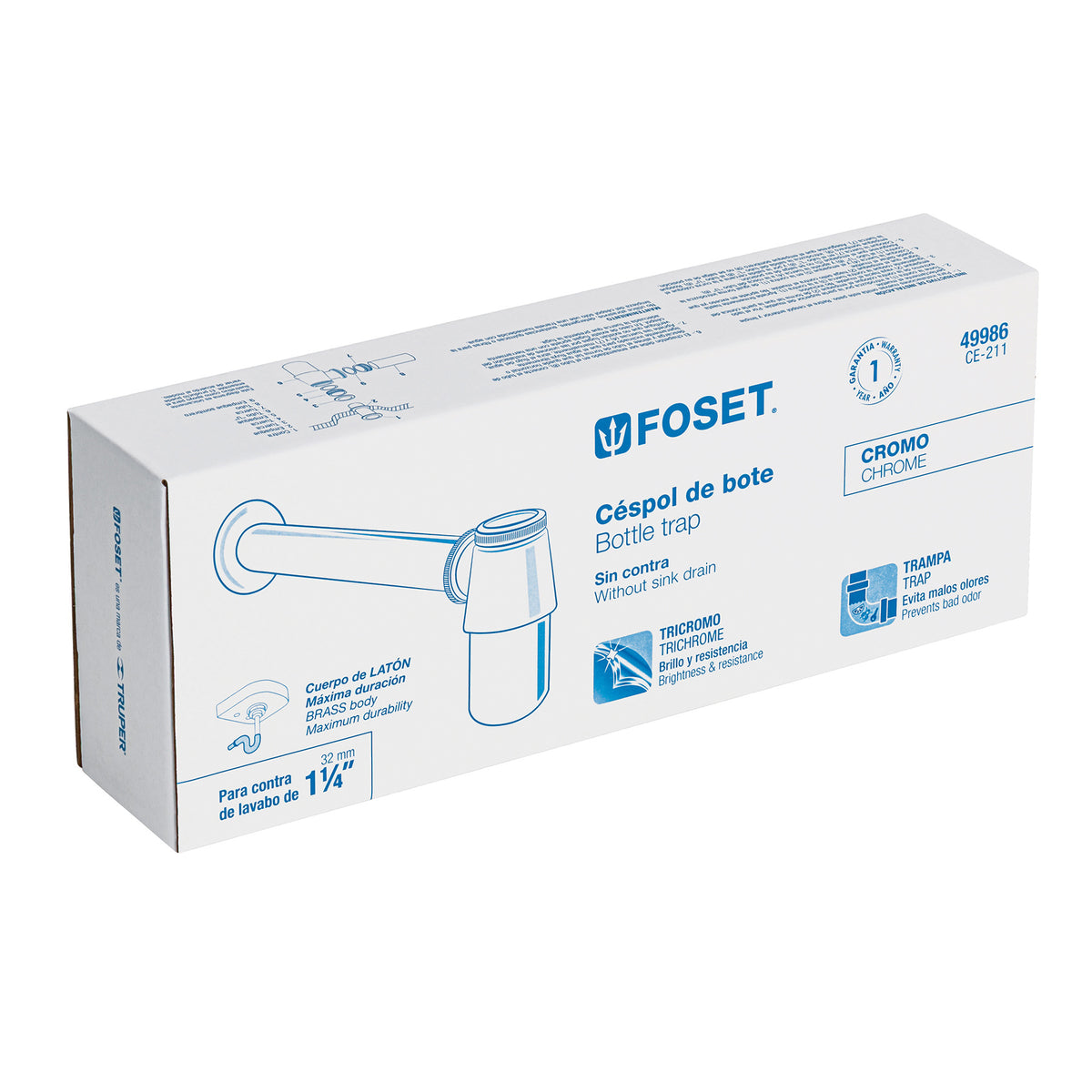 Céspol de bote para lavabo sin contra, cromo, 1-1/4"