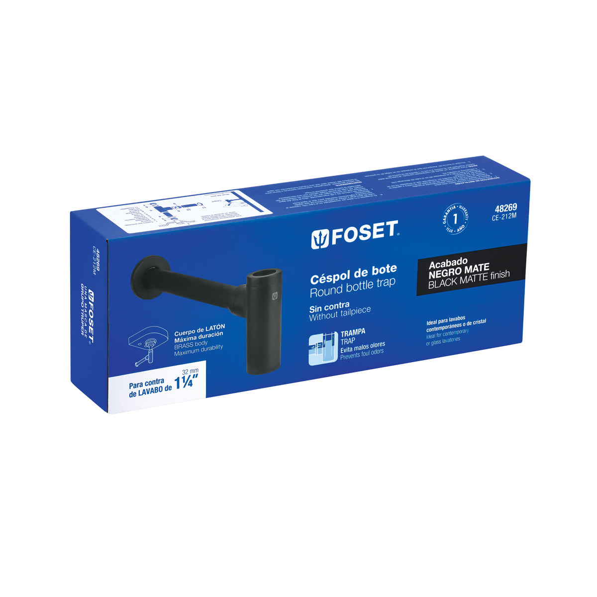 Céspol de bote minimalista 1 1/4', negro, para lavabo, Foset