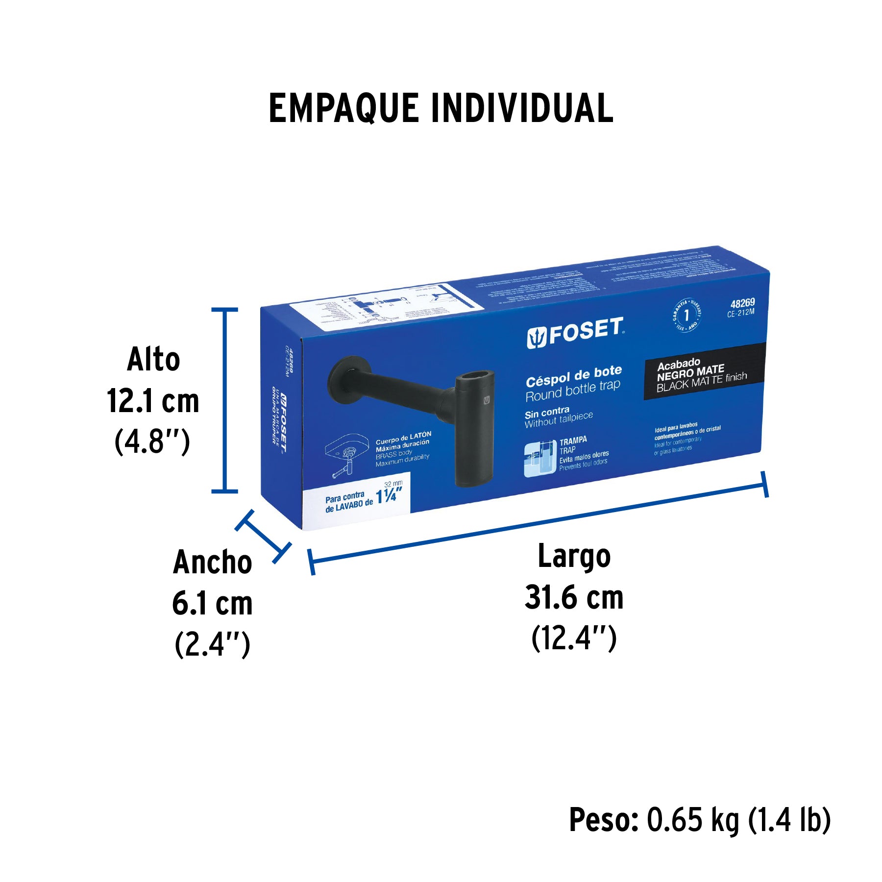 Céspol de bote minimalista 1 1/4', negro, para lavabo, Foset