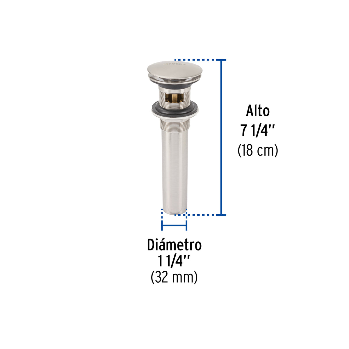 Contra p/lavabo, 1-1/4', con rebosadero, hongo, latón, satín