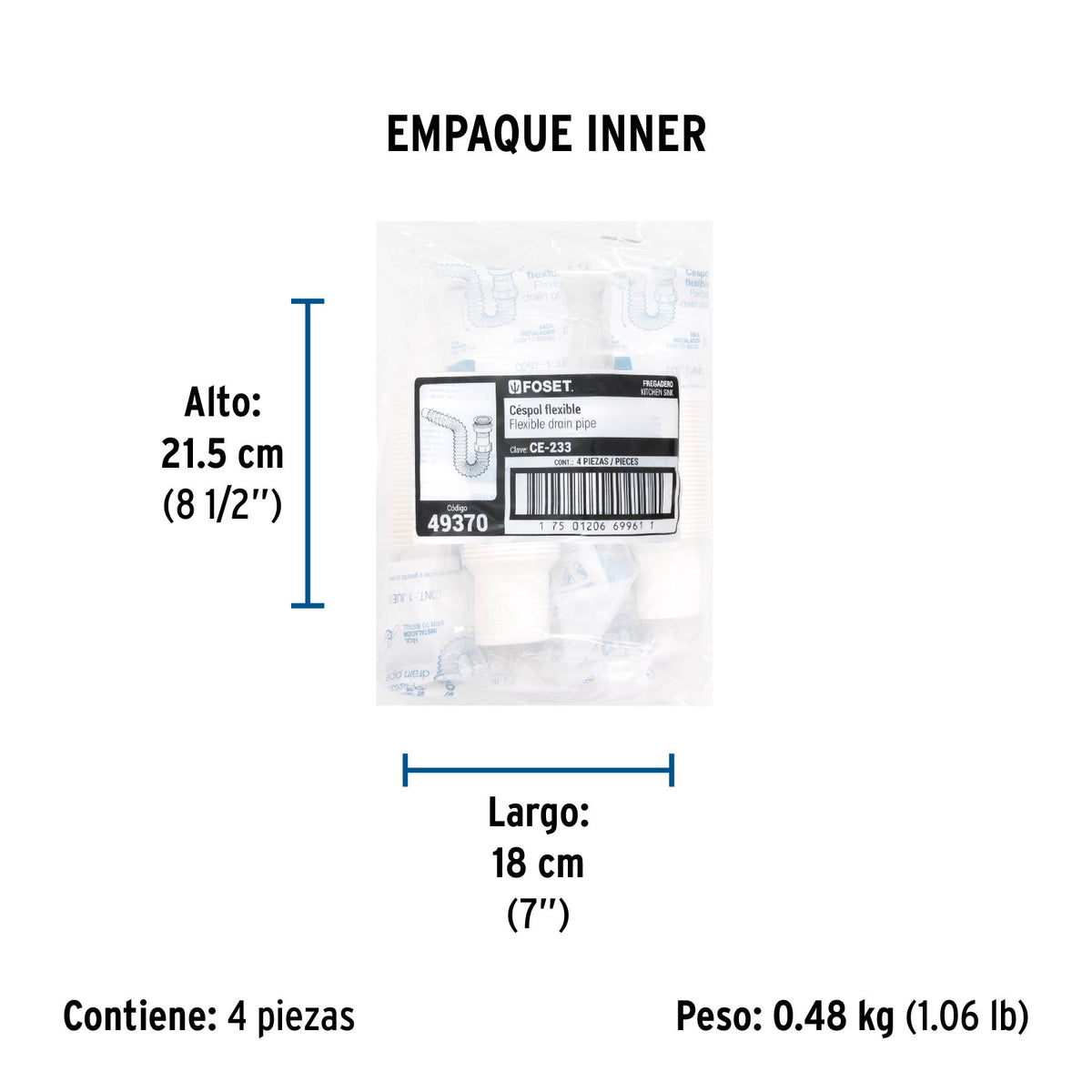 Céspol flexible p/fregadero c/contra 2 1/2", polipr, 1-1/2"
