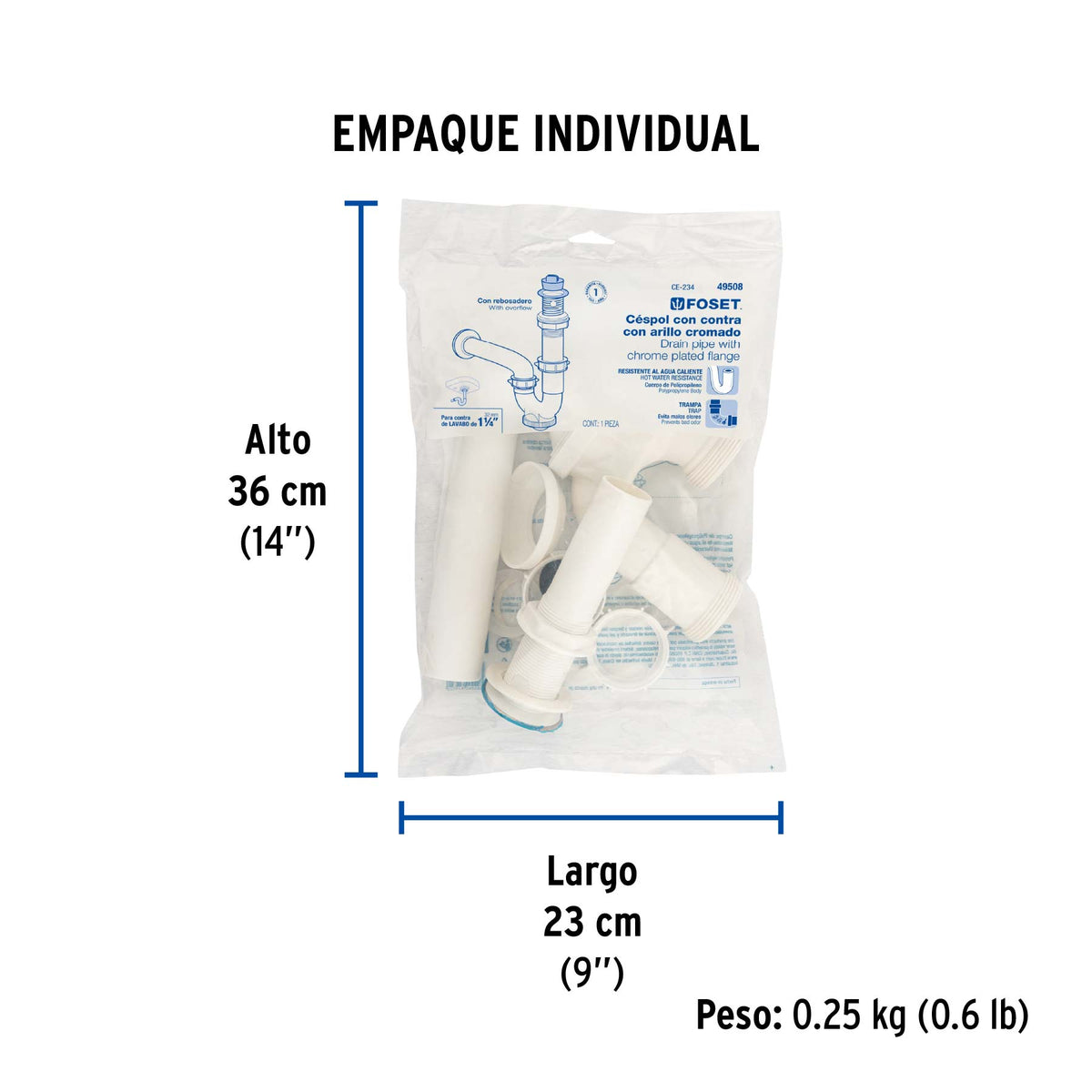 Céspol rígido para lavabo con contra, polipropileno, 1-1/4"