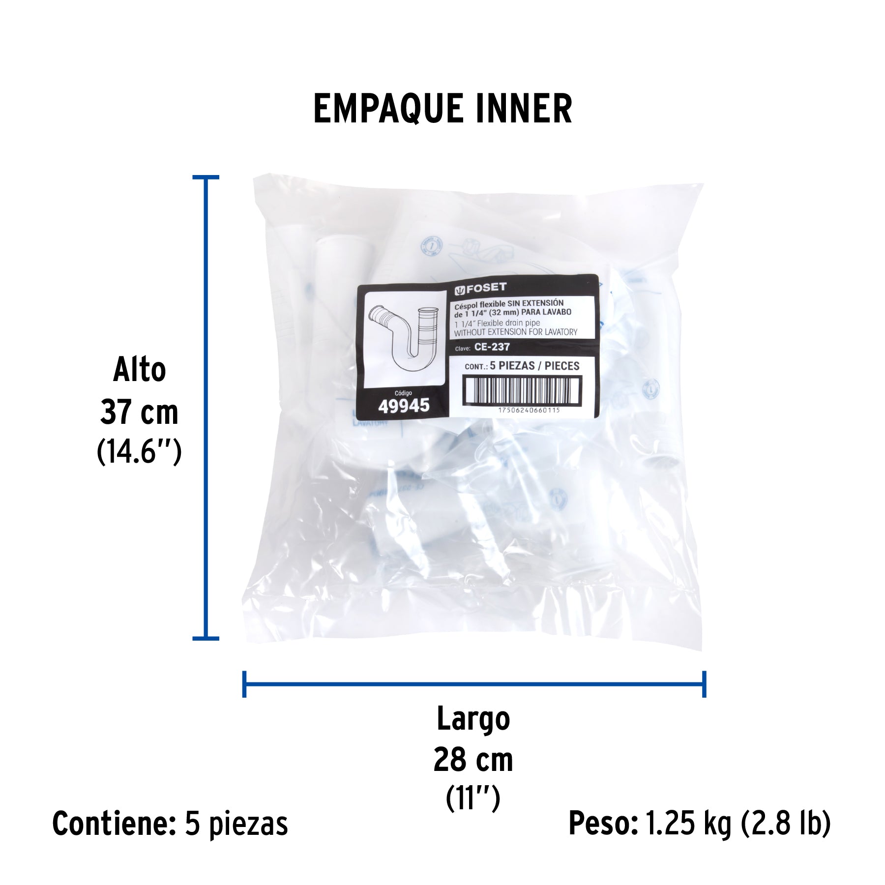 Céspol flexible para lavabo, PVC, 1-1/4"