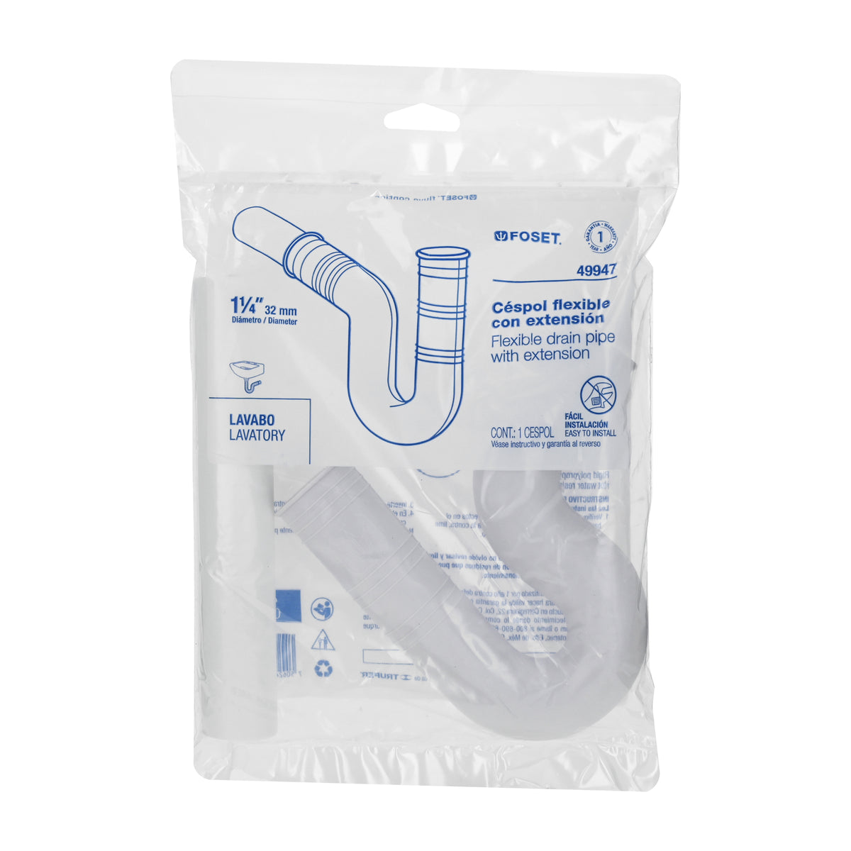 Céspol flexible para lavabo, PVC c/ext 20 cm, 1-1/4"