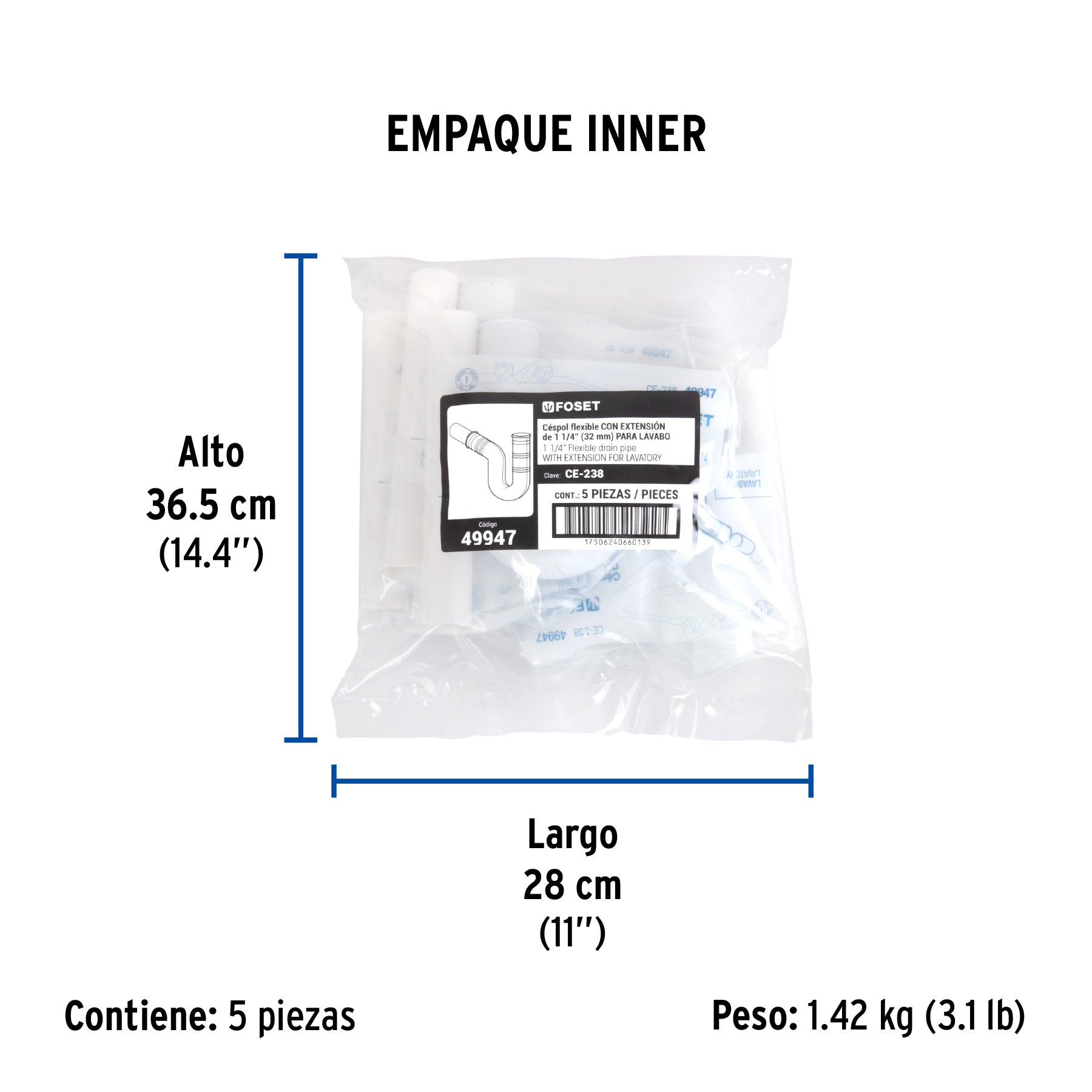 Céspol flexible para lavabo, PVC c/ext 20 cm, 1-1/4"