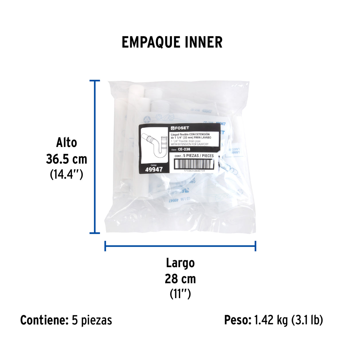 Céspol flexible para lavabo, PVC c/ext 20 cm, 1-1/4"