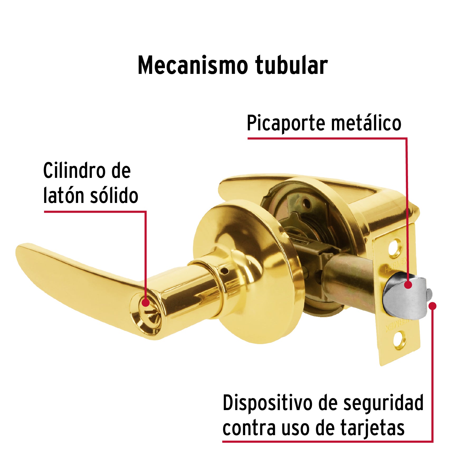 Cerradura manija, cilindro latón, latón brillante, recámara
