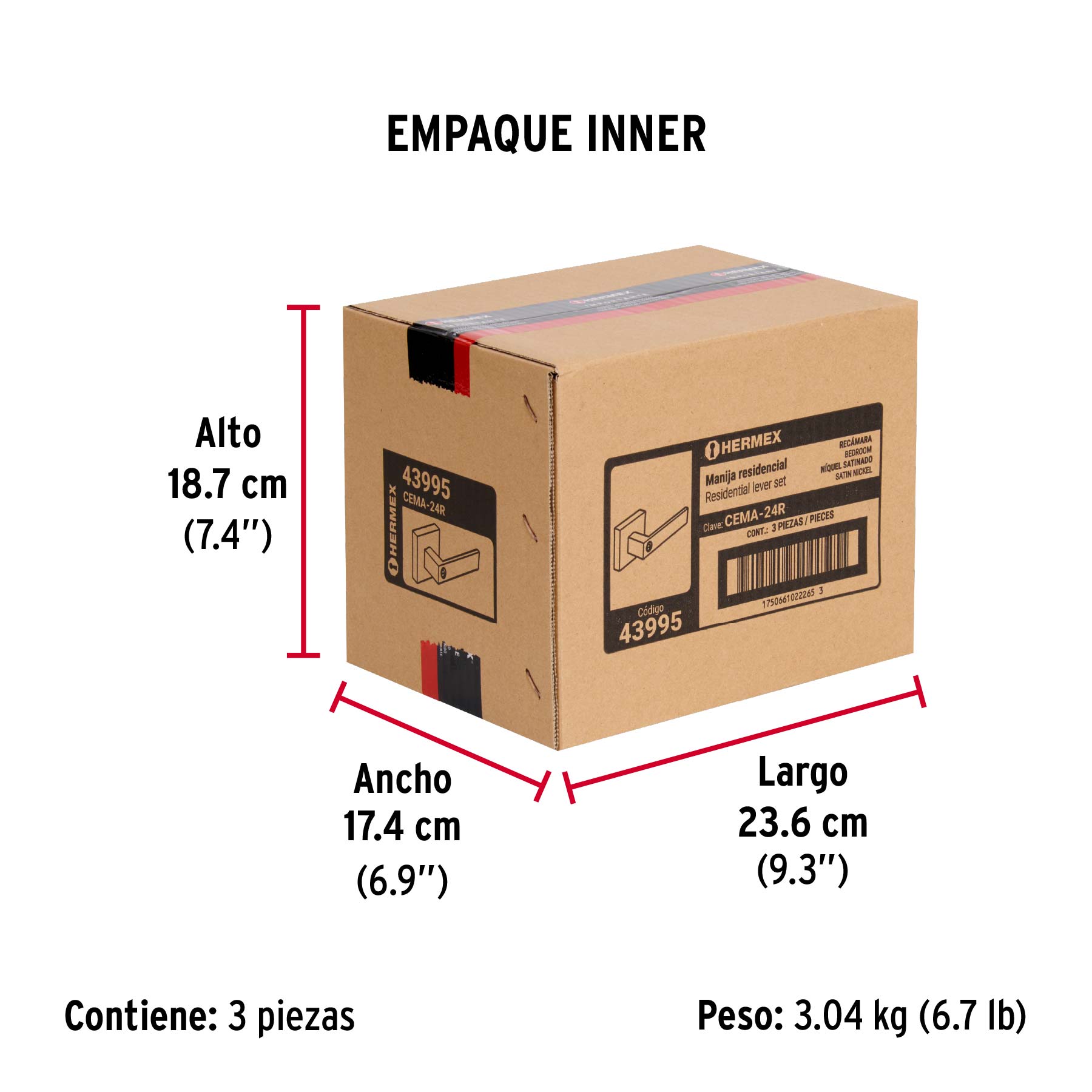 Cerradura manija 'Módena' p/recámara, níquel satinado,HERMEX
