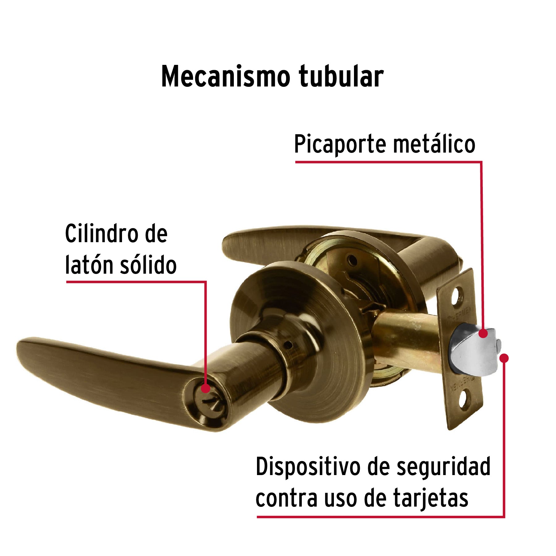Cerradura manija, cilindro latón, latón antiguo, recámara
