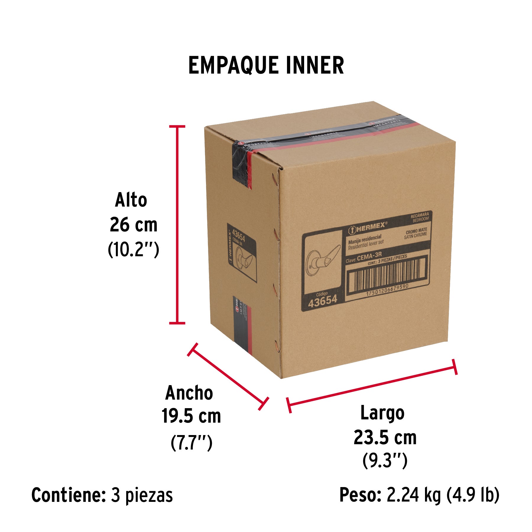 Cerradura manija, cilindro latón, cromo mate, recámara