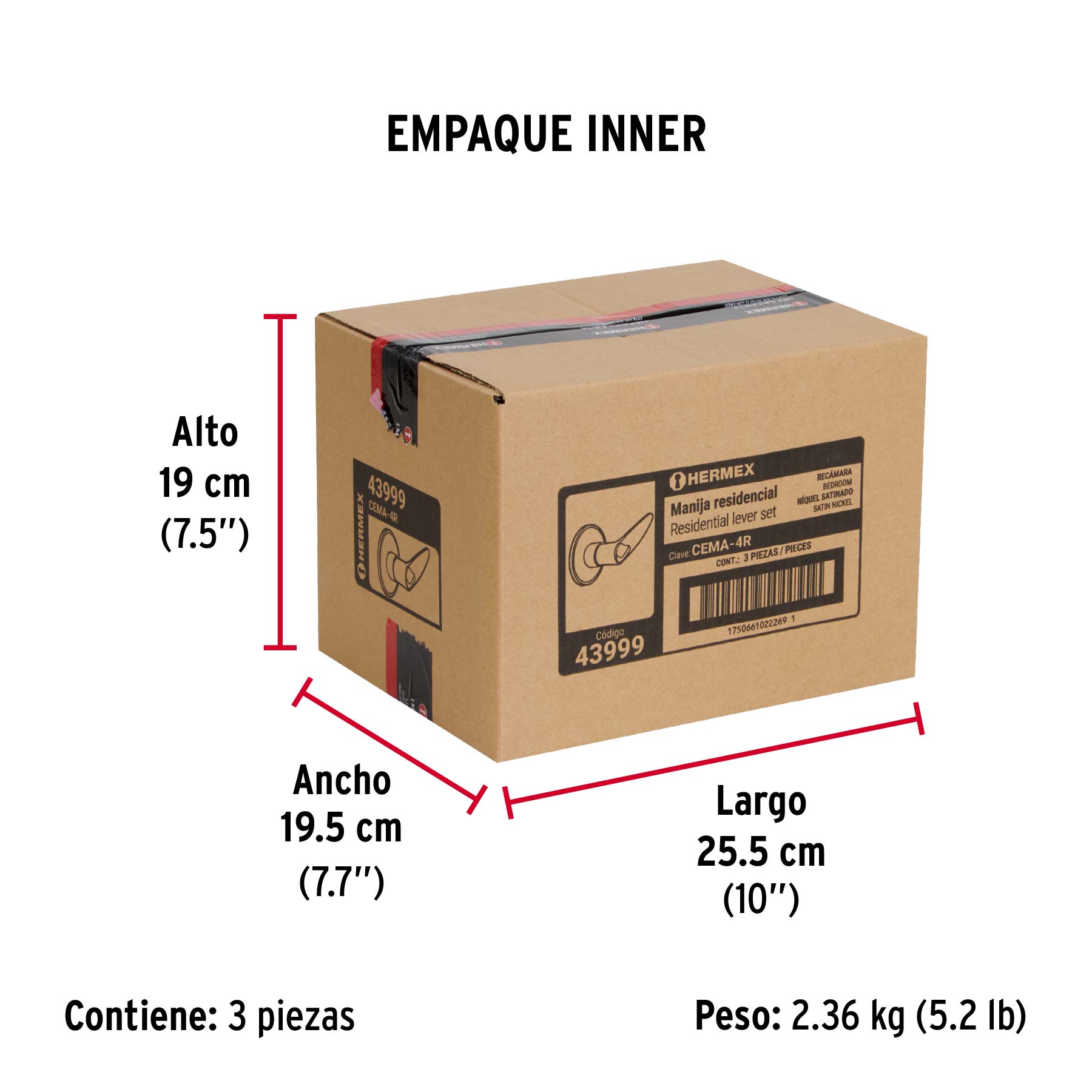 Cerradura manija 'Turín' p/recámara níquel satinado, HERMEX