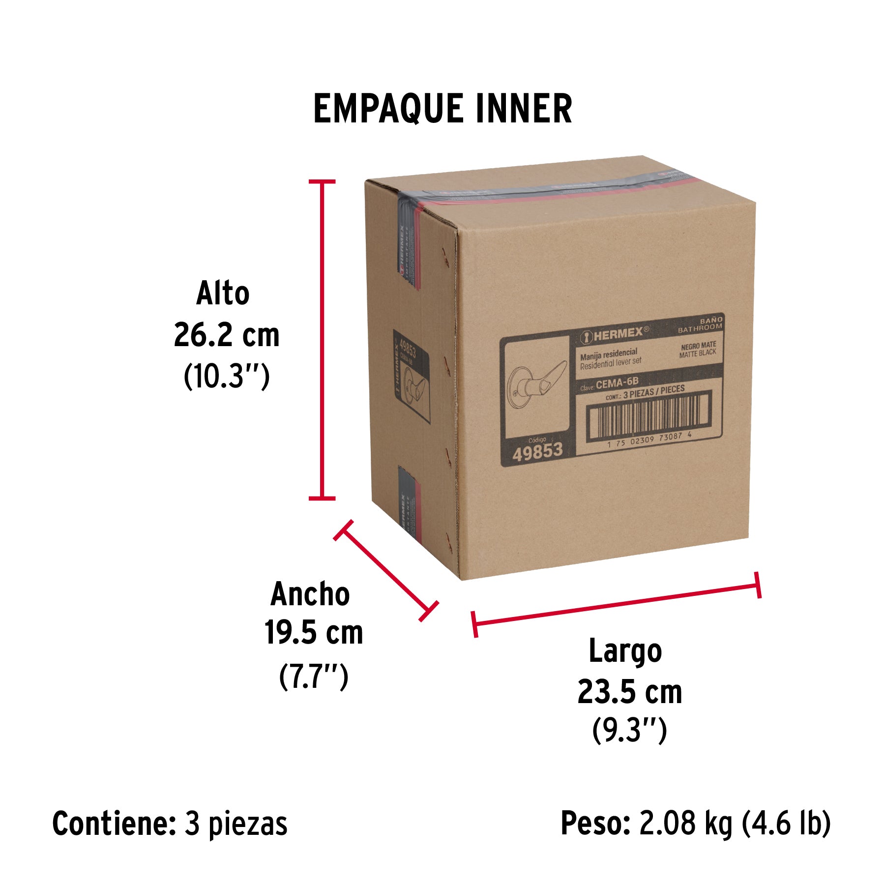 Cerradura manija, cilindro latón, negro, baño, Hermex