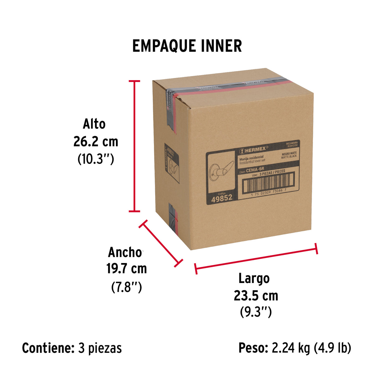 Cerradura manija, cilindro latón, negro, recámara, Hermex