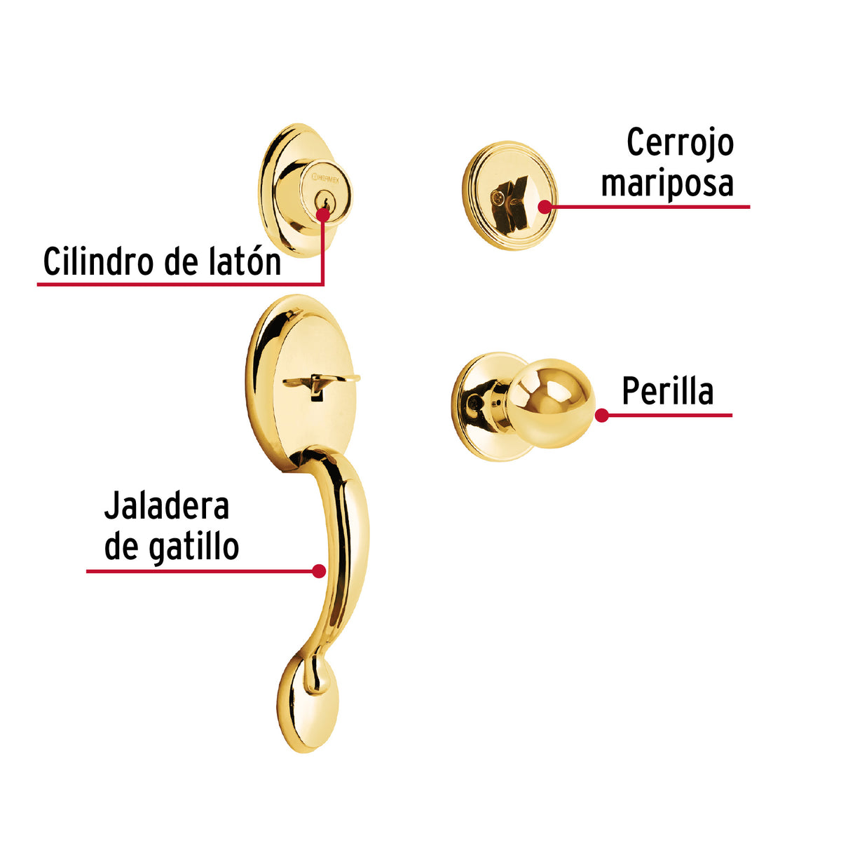Cerradura, latón brillante, mariposa, pomo, Hermex Basic