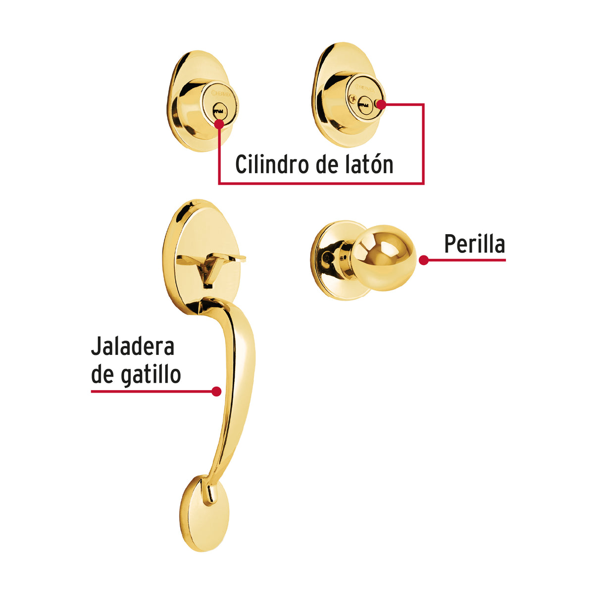 Cerradura entrada, latón brillante, doble, pomo-jaladera