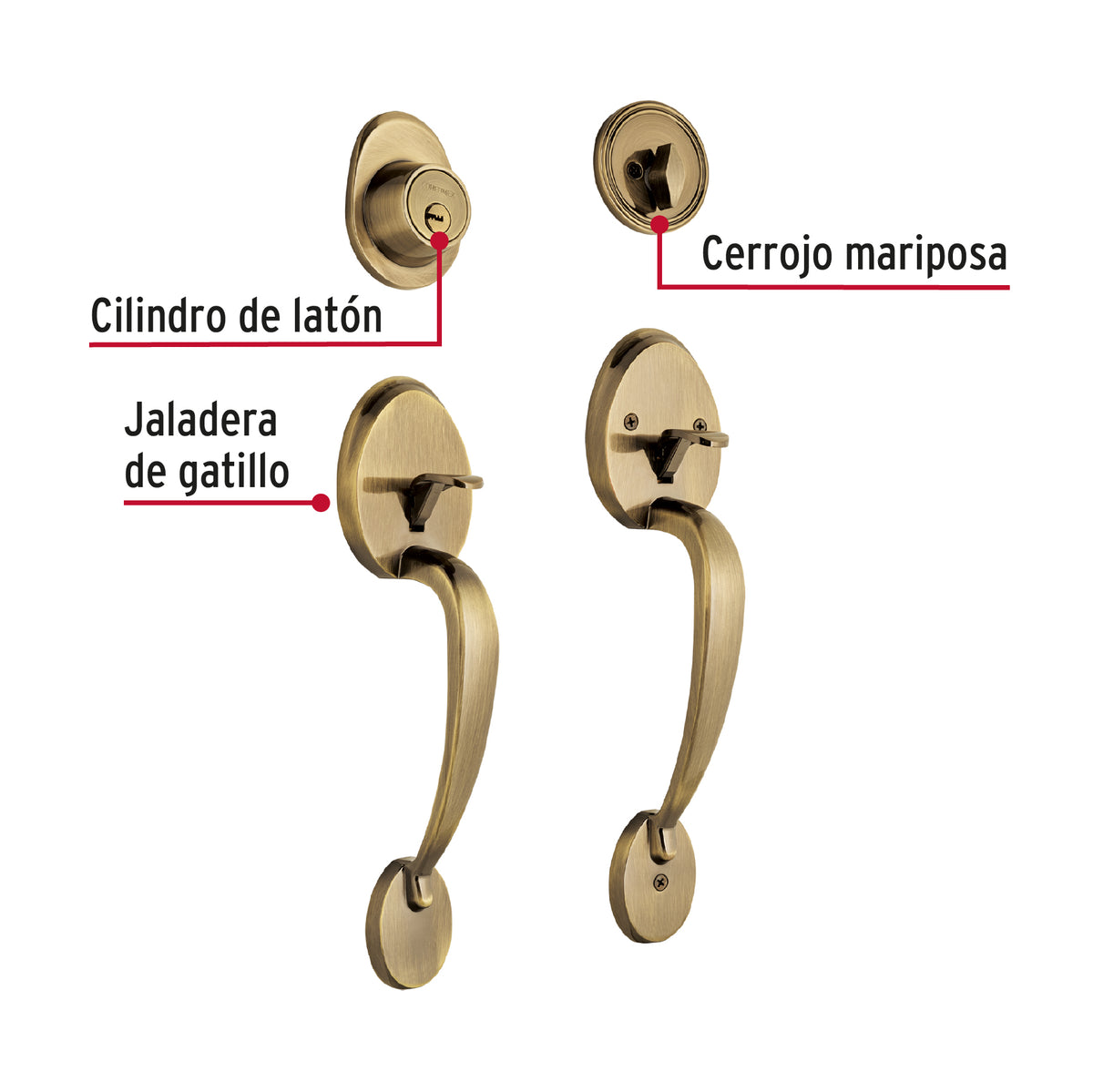 Cerradura entrada, latón antiguo, mariposa, jaladera