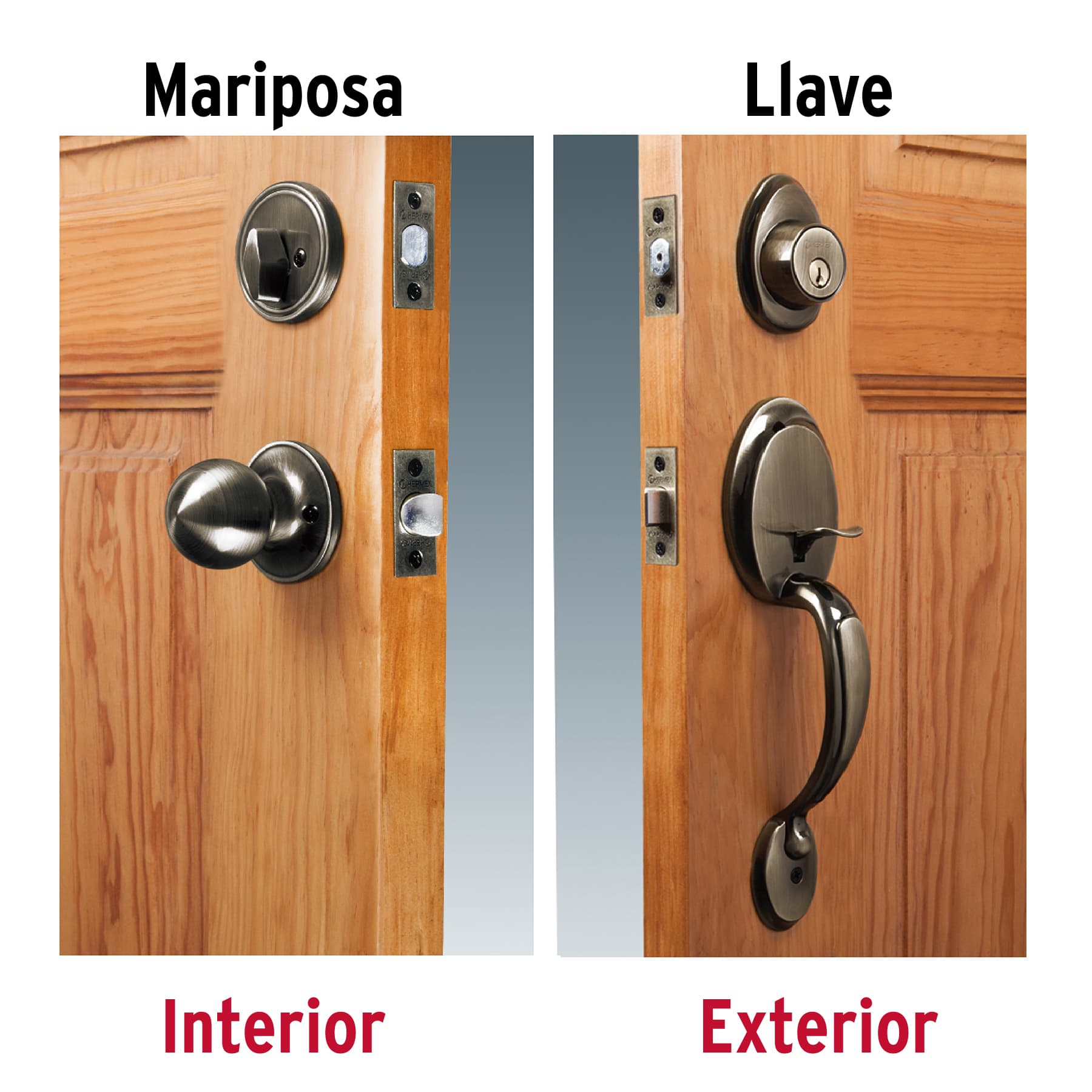 Cerradura, latón antiguo, mariposa, pomo, Hermex Basic