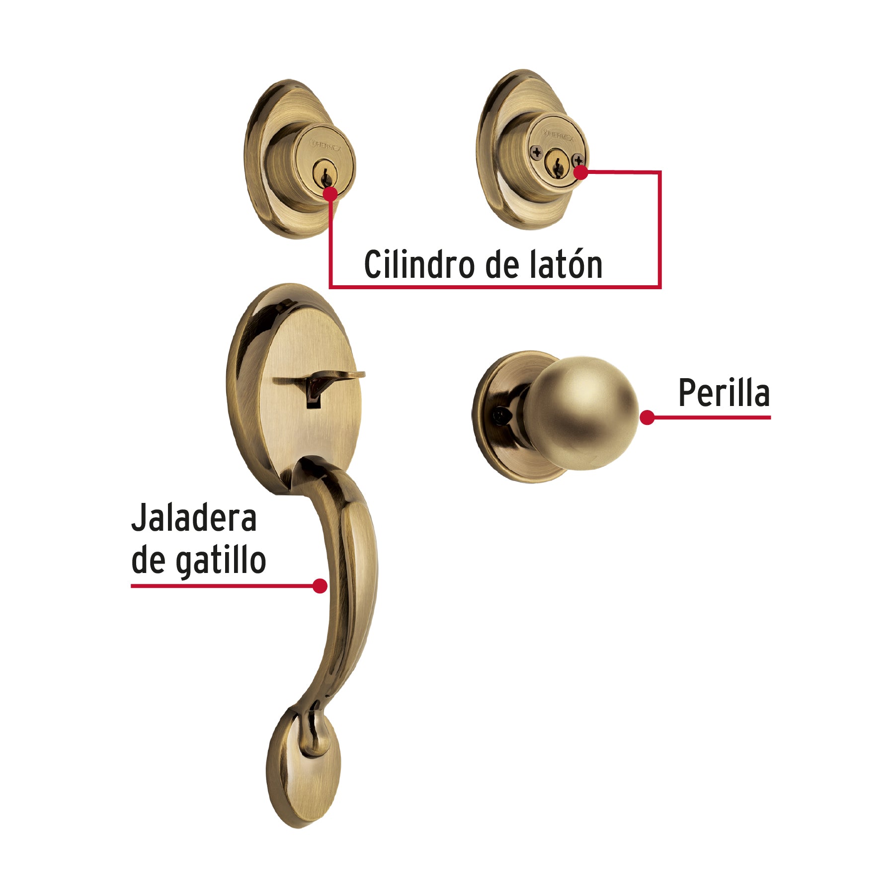 Cerradura entrada, latón antiguo, doble, pomo, Hermex Basic