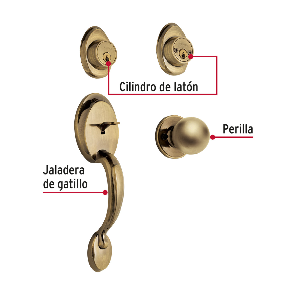 Cerradura entrada, latón antiguo, doble, pomo, Hermex Basic