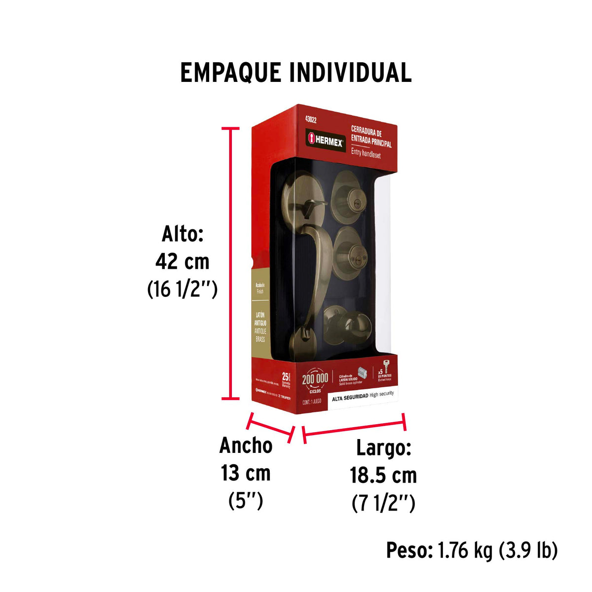 Cerradura entrada, latón antiguo, doble, pomo-jaladera